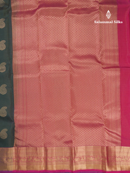 Bottle Green Vaira Oosi With Butta Puremix Silk Saree With Contrast Magenta Traditional Border