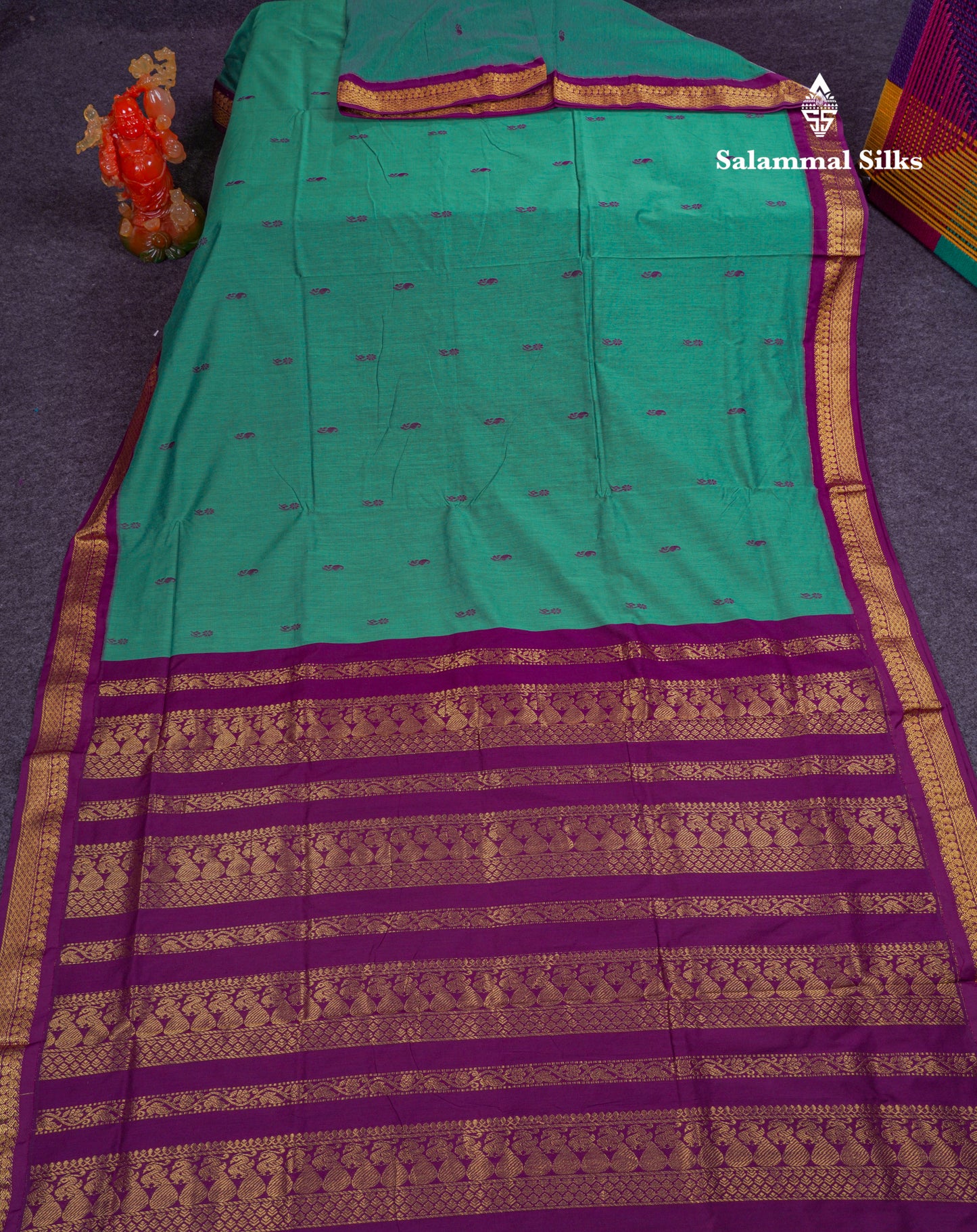 Beautiful Sapphire Green Kalyani Cotton Saree With Contrast Dark Purple Blouse