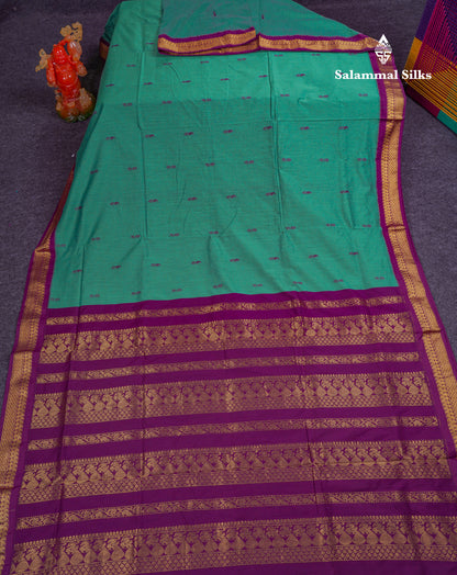 Beautiful Sapphire Green Kalyani Cotton Saree With Contrast Dark Purple Blouse