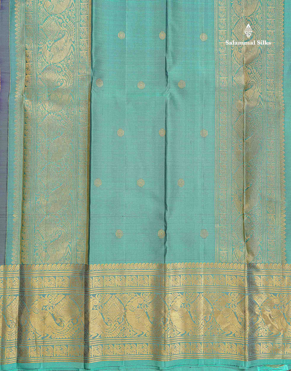 Pure Kanjivaram Silk Saree - Navy Blue Colour Body Vaira Oosi Lines With Butta & Contrast Sea Green Long Border