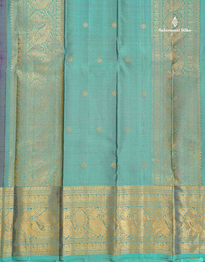 Pure Kanjivaram Silk Saree - Navy Blue Colour Body Vaira Oosi Lines With Butta & Contrast Sea Green Long Border