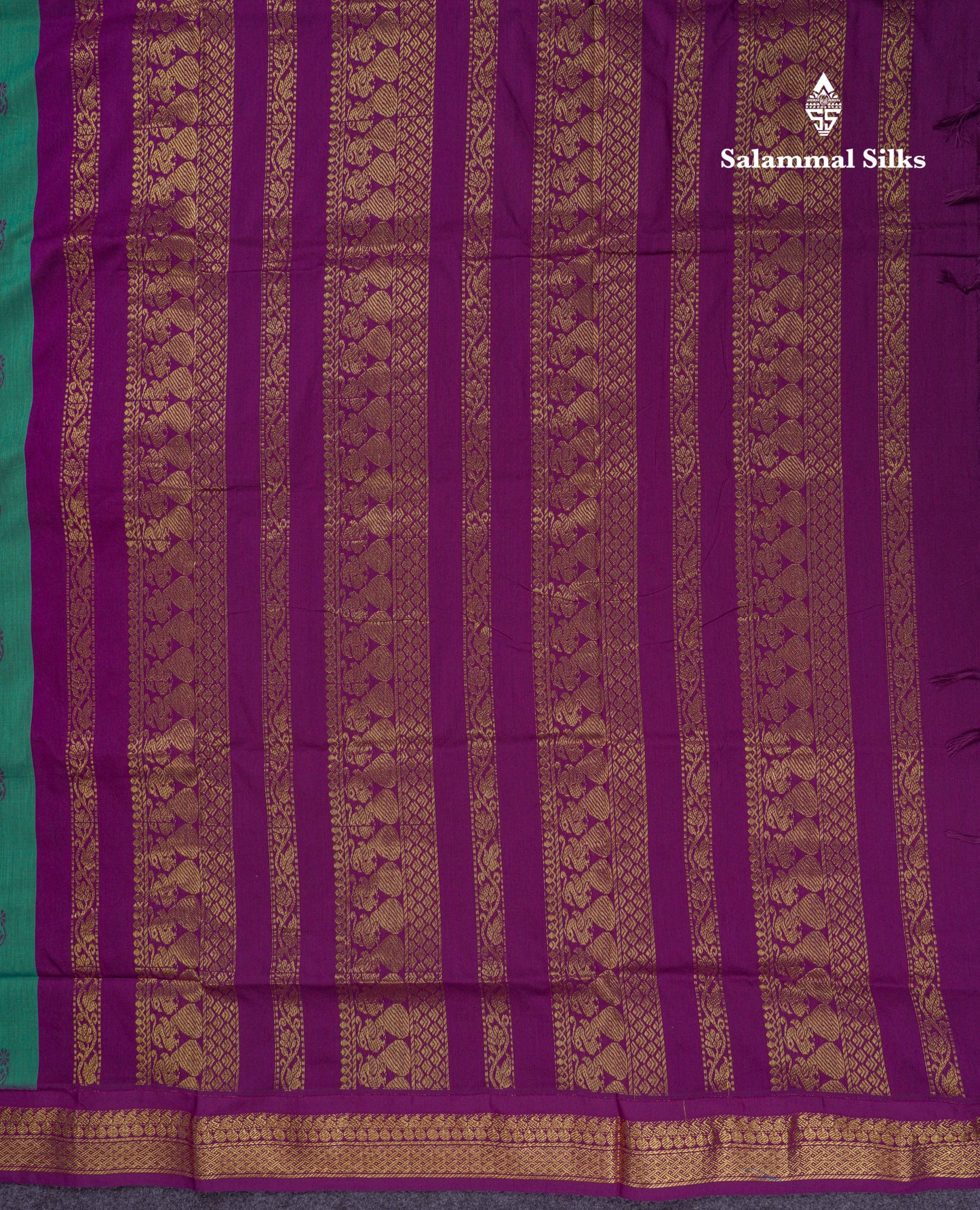 Beautiful Sapphire Green Kalyani Cotton Saree With Contrast Dark Purple Blouse