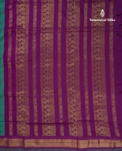 Beautiful Sapphire Green Kalyani Cotton Saree With Contrast Dark Purple Blouse