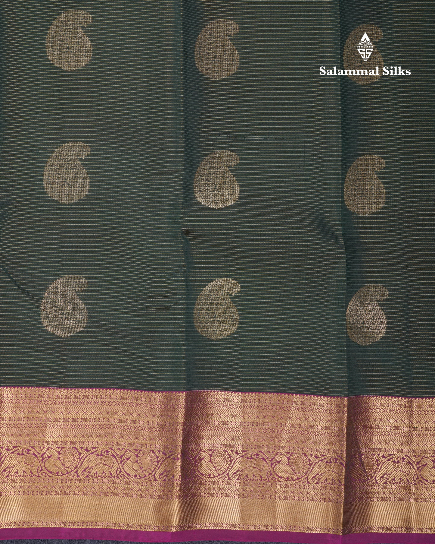 Bottle Green Vaira Oosi With Butta Puremix Silk Saree With Contrast Magenta Traditional Border