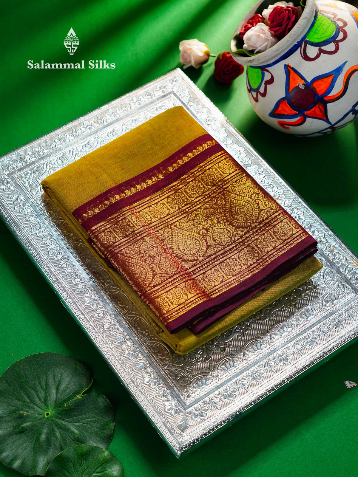 Beautiful Mehandi Green Plain Pure Chettinad Cotton Saree With Contrast Maroon Traditional Evening Morning Border