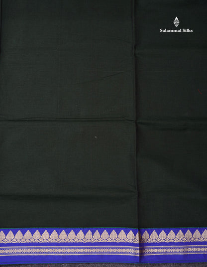 Beautiful Dark Bottle Green Plain Pure Cotton Saree With Contrast Dual Tone Blue Thread Work Border