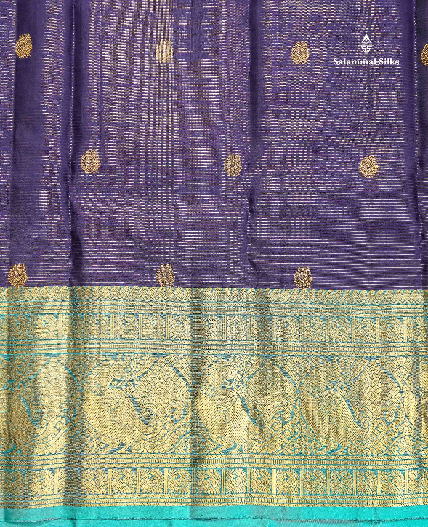 Pure Kanjivaram Silk Saree - Navy Blue Colour Body Vaira Oosi Lines With Butta & Contrast Sea Green Long Border