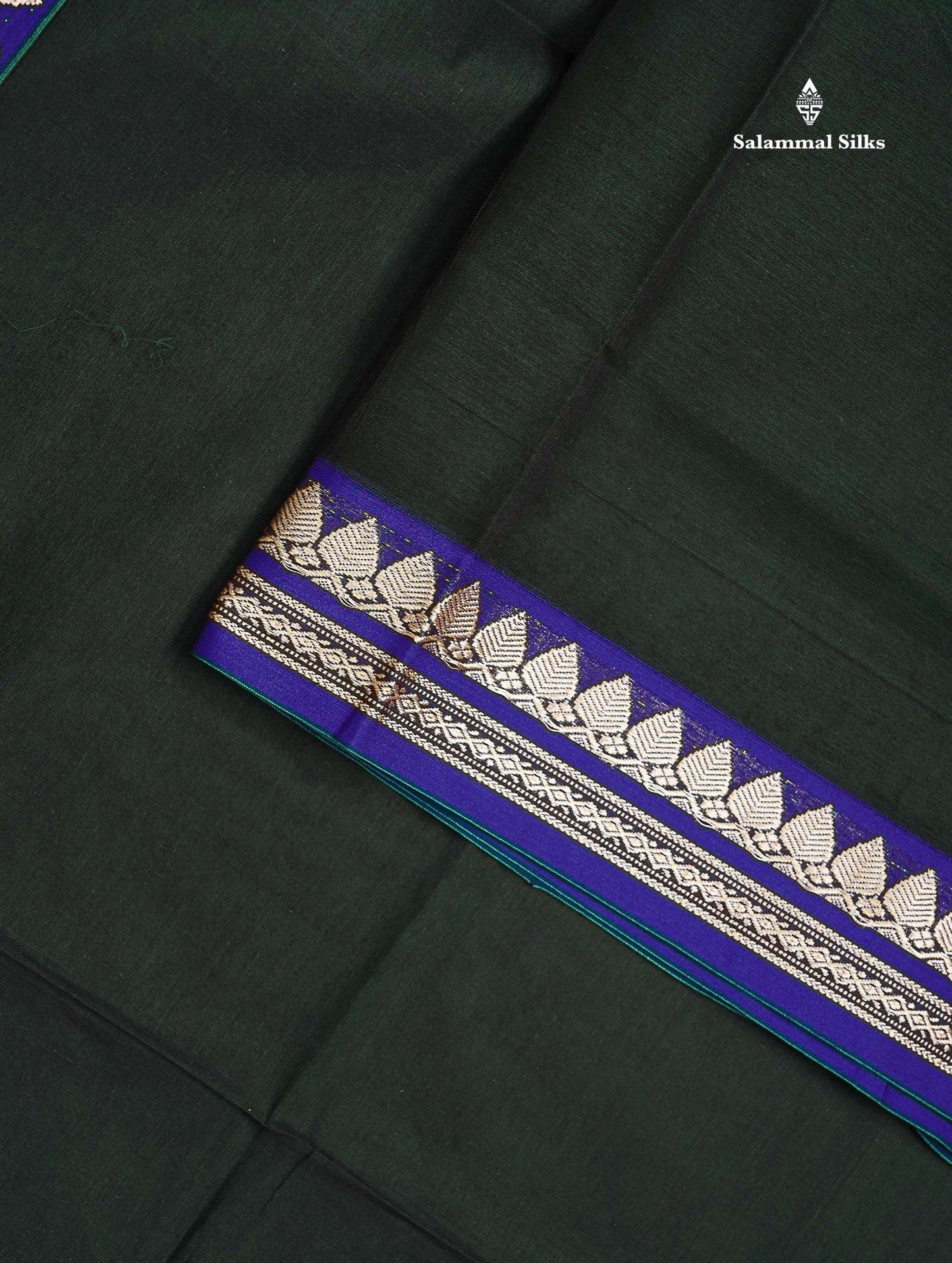 Beautiful Dark Bottle Green Plain Pure Cotton Saree With Contrast Dual Tone Blue Thread Work Border