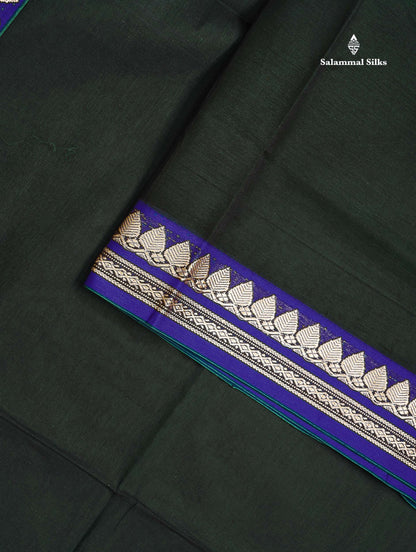 Beautiful Dark Bottle Green Plain Pure Cotton Saree With Contrast Dual Tone Blue Thread Work Border
