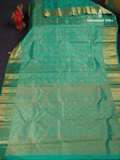 Beautiful Sapphire Green Bridal Pure Kanjivaram Silk Saree With Traditional Border