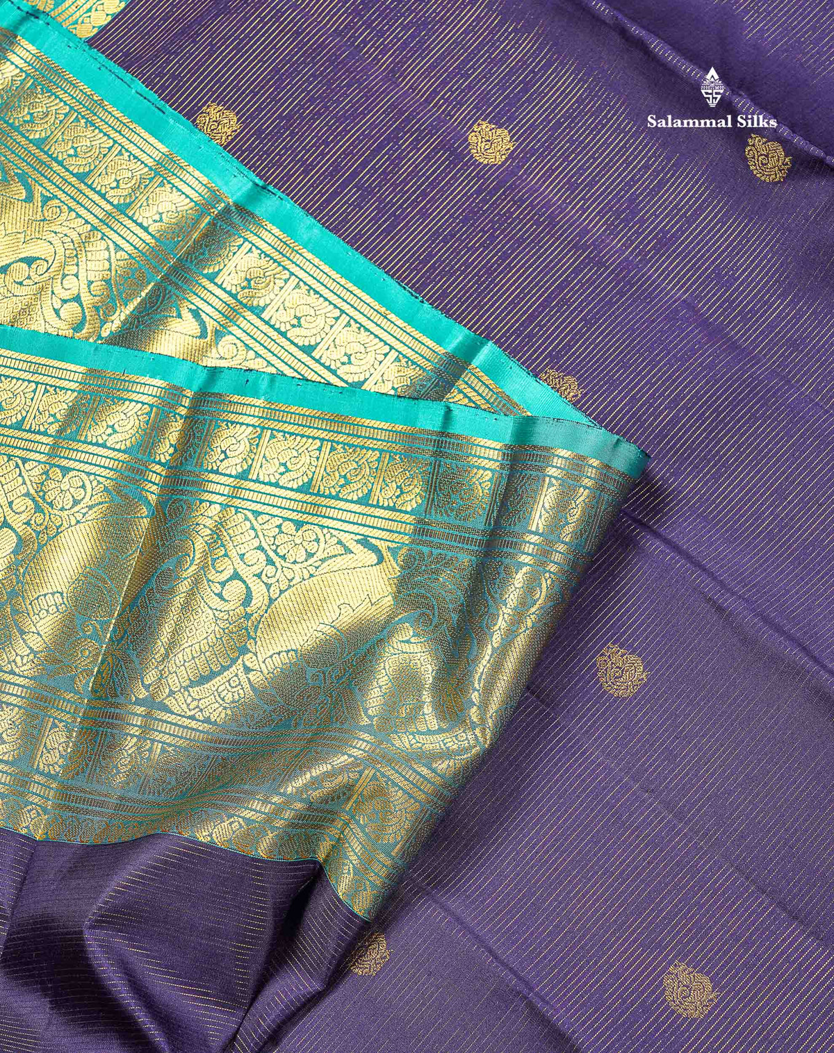 Pure Kanjivaram Silk Saree - Navy Blue Colour Body Vaira Oosi Lines With Butta & Contrast Sea Green Long Border