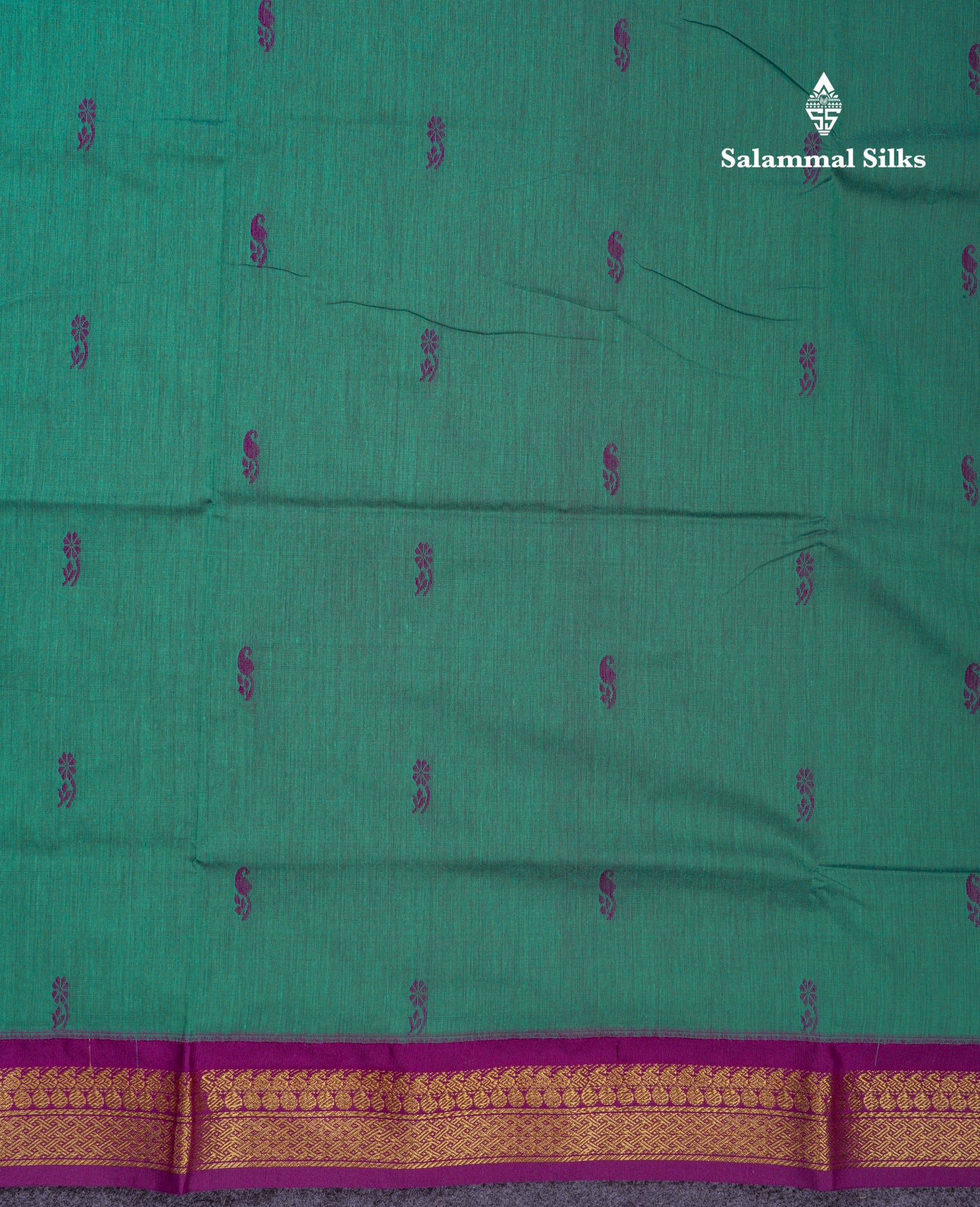 Beautiful Sapphire Green Kalyani Cotton Saree With Contrast Dark Purple Blouse