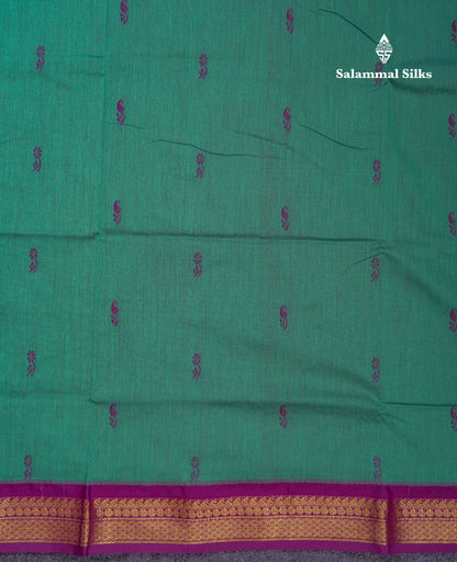 Beautiful Sapphire Green Kalyani Cotton Saree With Contrast Dark Purple Blouse