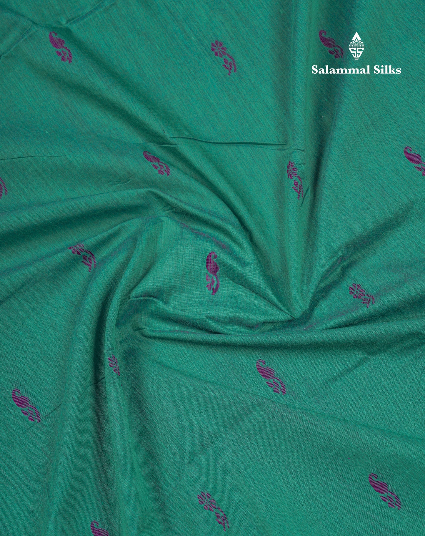 Beautiful Sapphire Green Kalyani Cotton Saree With Contrast Dark Purple Blouse