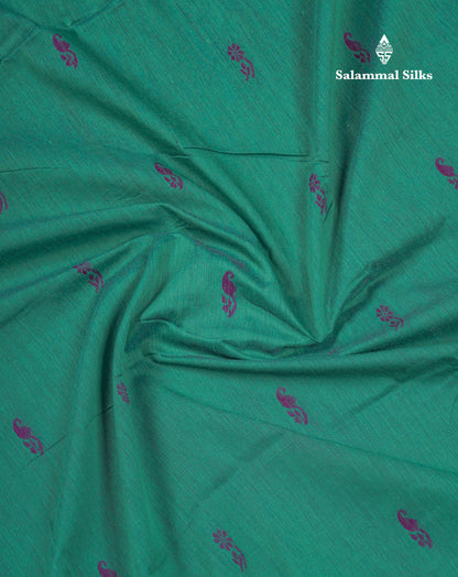 Beautiful Sapphire Green Kalyani Cotton Saree With Contrast Dark Purple Blouse