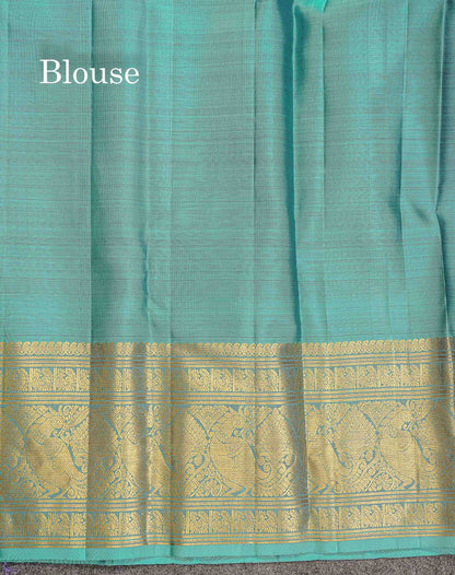 Pure Kanjivaram Silk Saree - Navy Blue Colour Body Vaira Oosi Lines With Butta & Contrast Sea Green Long Border