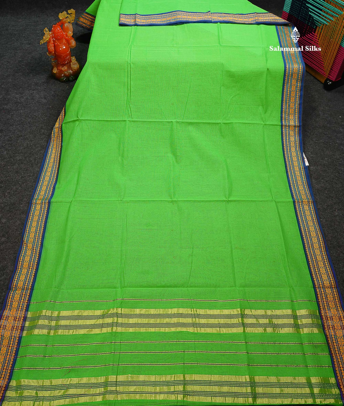 Beautiful Mango Yellow Plain Pure Cotton Saree With Contrast Dual Tone Green Traditional Border