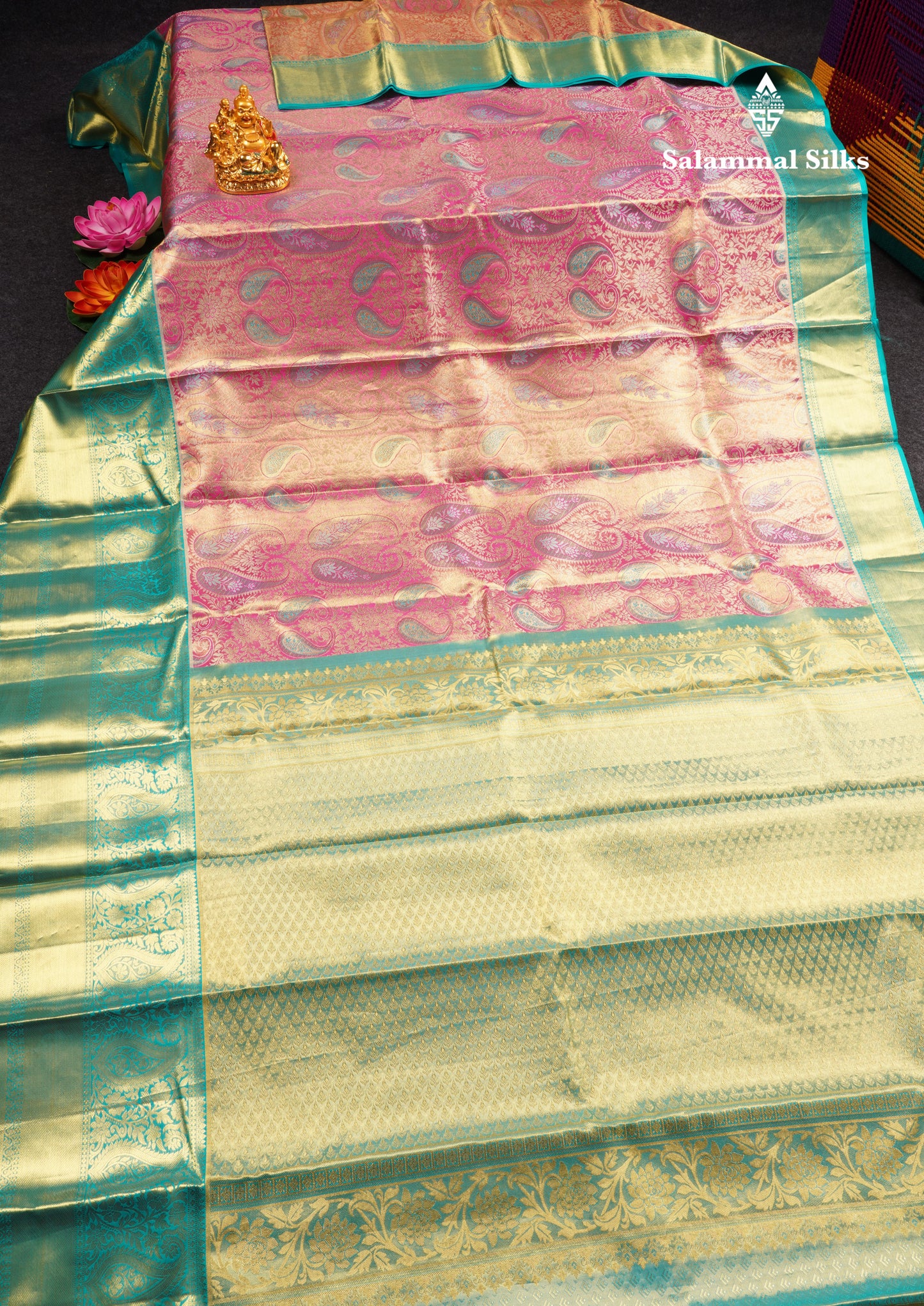 Pink Tissue Bridal Pure Kanjivaram Silk Saree With Sapphire Green Border
