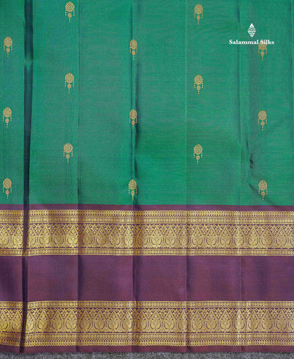 2G Zari Pure Kanjivaram Silk Saree - Dual Tone Green Colour Body With Contrast Dark Violet Rettapet Border