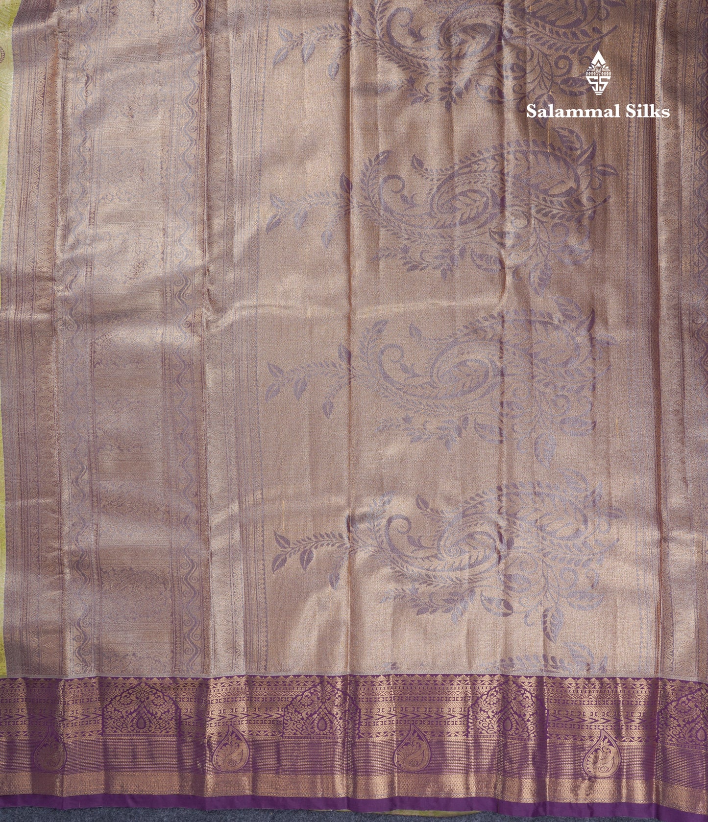 Lavender Geometric Pattern Tissue Bridal Semi Silk Saree With Contrast Peacock Green Traditional Border