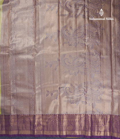 Lavender Geometric Pattern Tissue Bridal Semi Silk Saree With Contrast Peacock Green Traditional Border