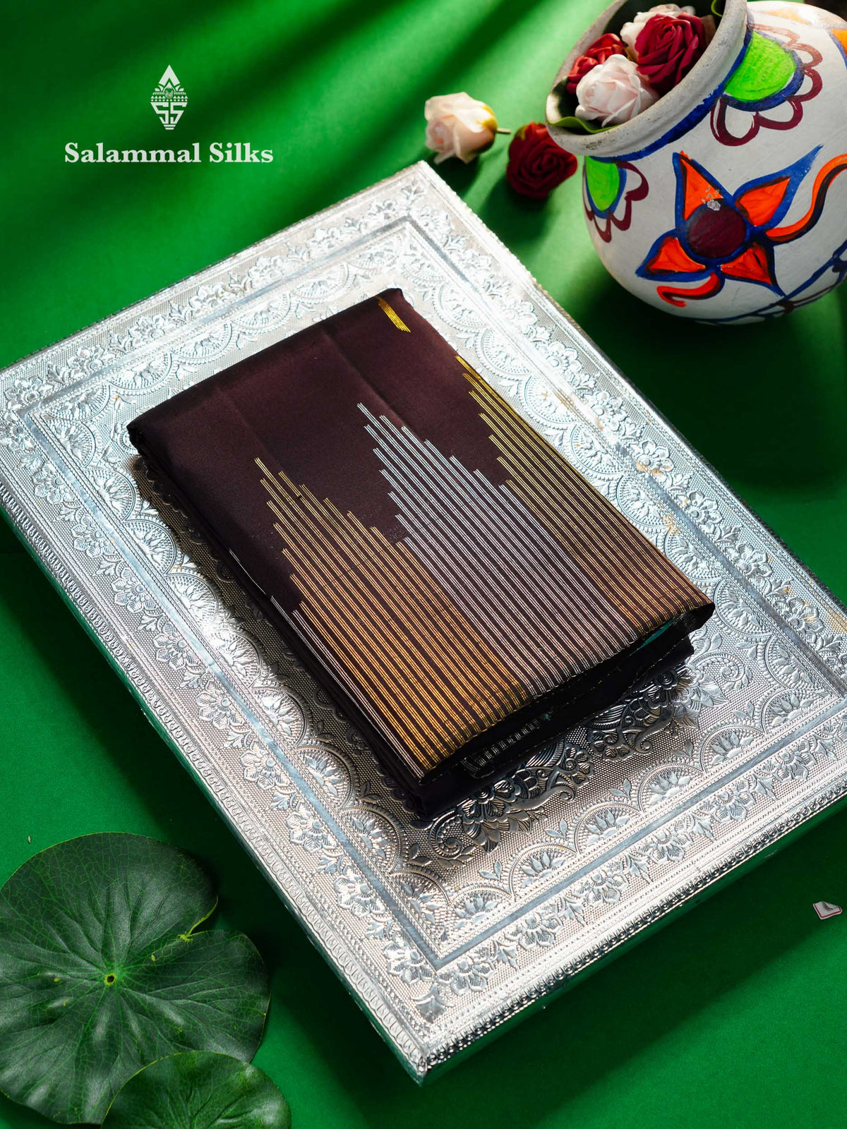 Beautiful Dark Brown Malli Moggu Butta Pure Kanjivaram Silk Saree With Silver & Gold Zari Traditional Temple Border