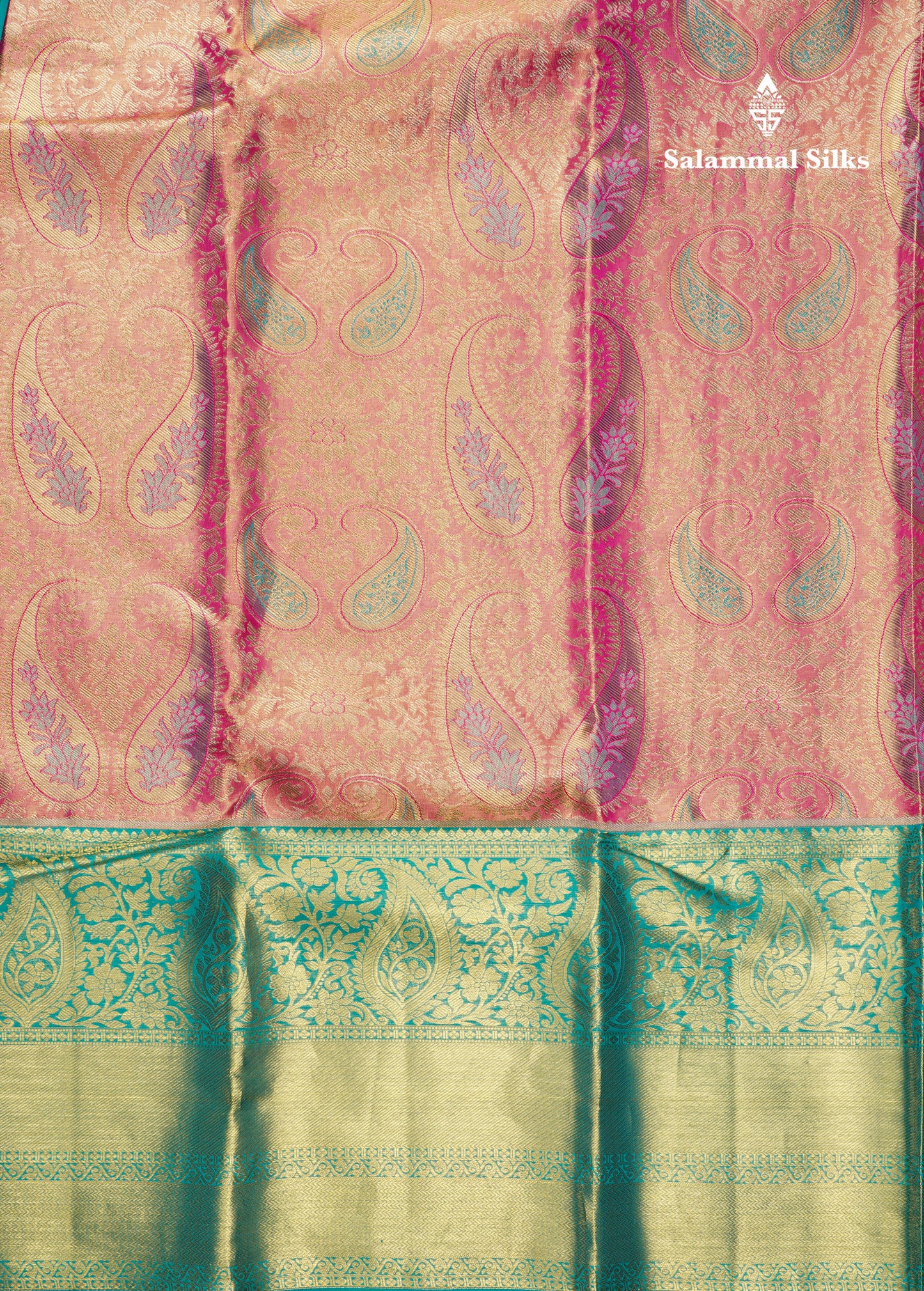 Pink Tissue Bridal Pure Kanjivaram Silk Saree With Sapphire Green Border