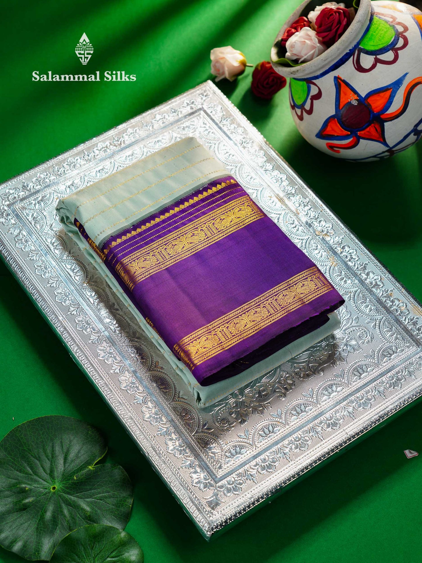Korvai Beautiful Ice Blue Pure Kanjivaram Silk Saree With Contrast Dark Purple Traditional Rettapet Border