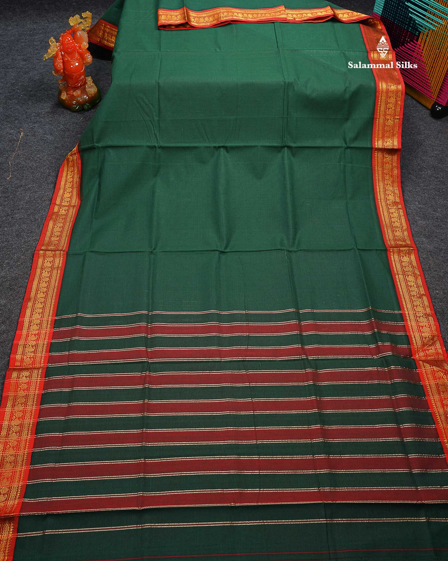 Beautiful Bottle Green Plain Pure Cotton Saree With Contrast Redish Maroon Traditional Border