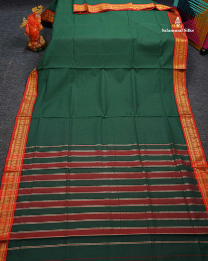 Beautiful Bottle Green Plain Pure Cotton Saree With Contrast Redish Maroon Traditional Border