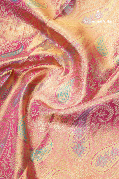 Pink Tissue Bridal Pure Kanjivaram Silk Saree With Sapphire Green Border