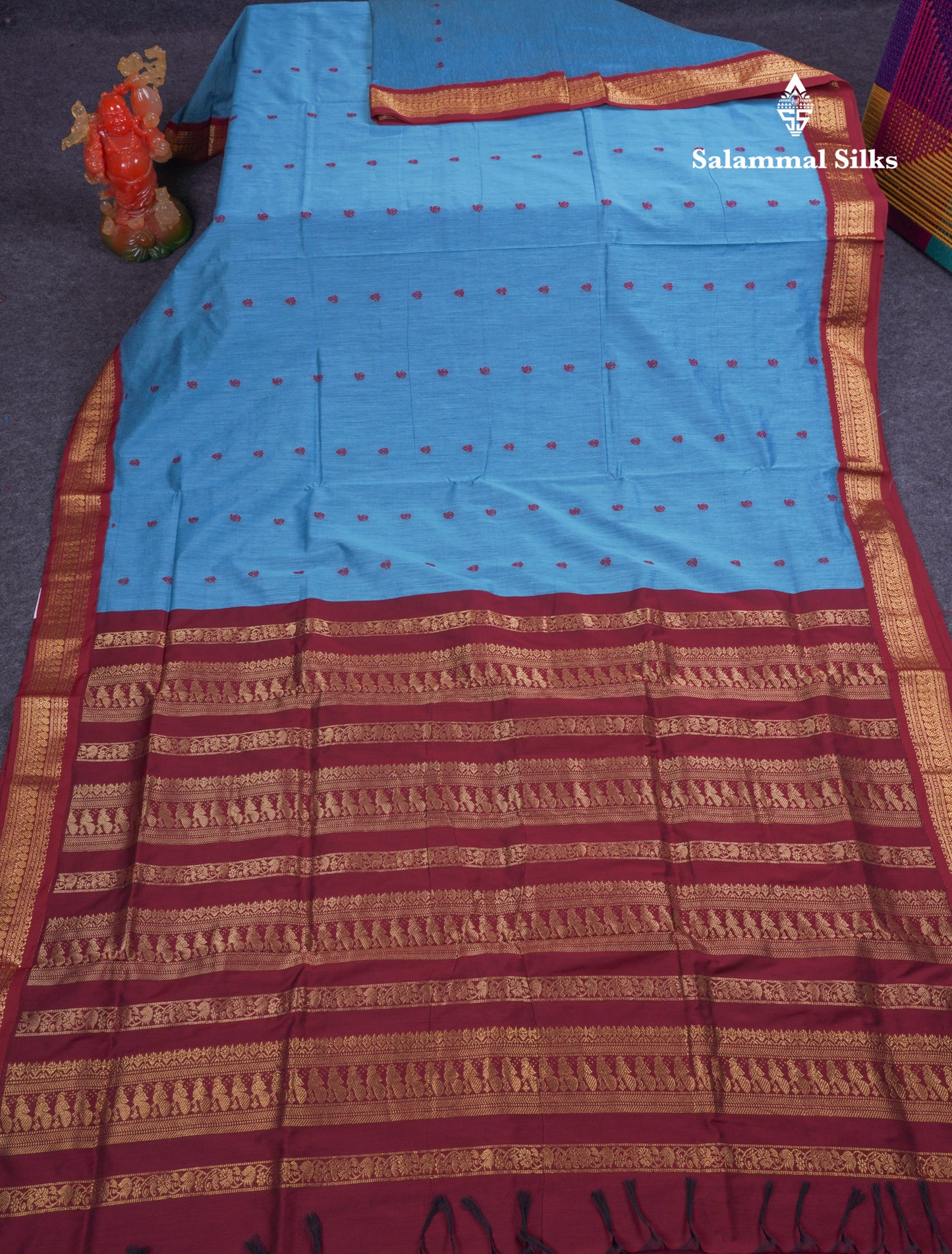 Beautiful Blue Kalyani Cotton Saree With Contrast Dark Maroon Blouse