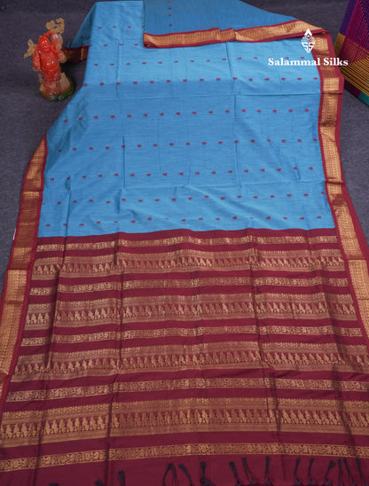Beautiful Blue Kalyani Cotton Saree With Contrast Dark Maroon Blouse