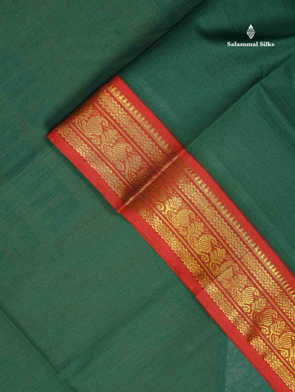 Beautiful Bottle Green Plain Pure Cotton Saree With Contrast Redish Maroon Traditional Border