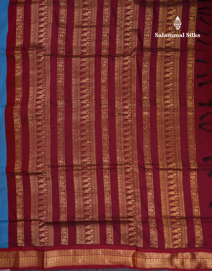 Beautiful Blue Kalyani Cotton Saree With Contrast Dark Maroon Blouse