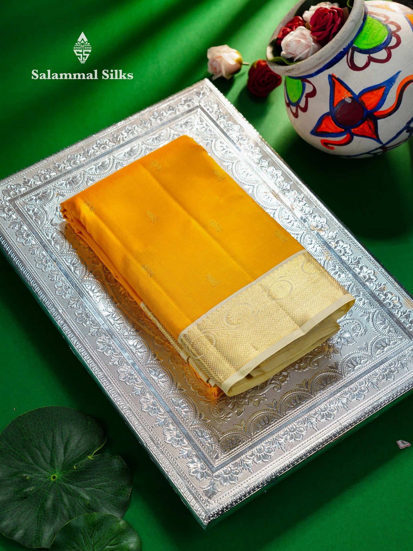 Korvai Beautiful Yellow Pure Kanjivaram Silk Saree With Contrast Cream Traditional Medium Border