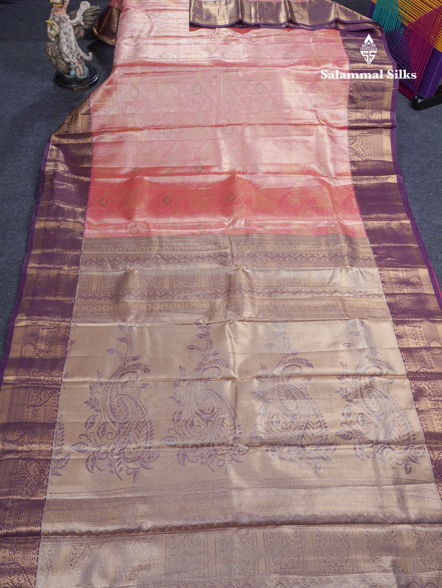 Lavender Geometric Pattern Tissue Bridal Semi Silk Saree With Contrast Peacock Green Traditional Border