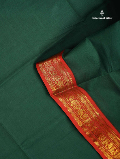 Beautiful Bottle Green Plain Pure Cotton Saree With Contrast Maroon Traditional Border