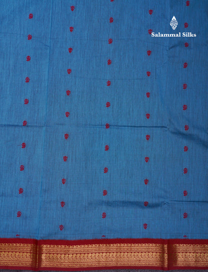 Beautiful Blue Kalyani Cotton Saree With Contrast Dark Maroon Blouse