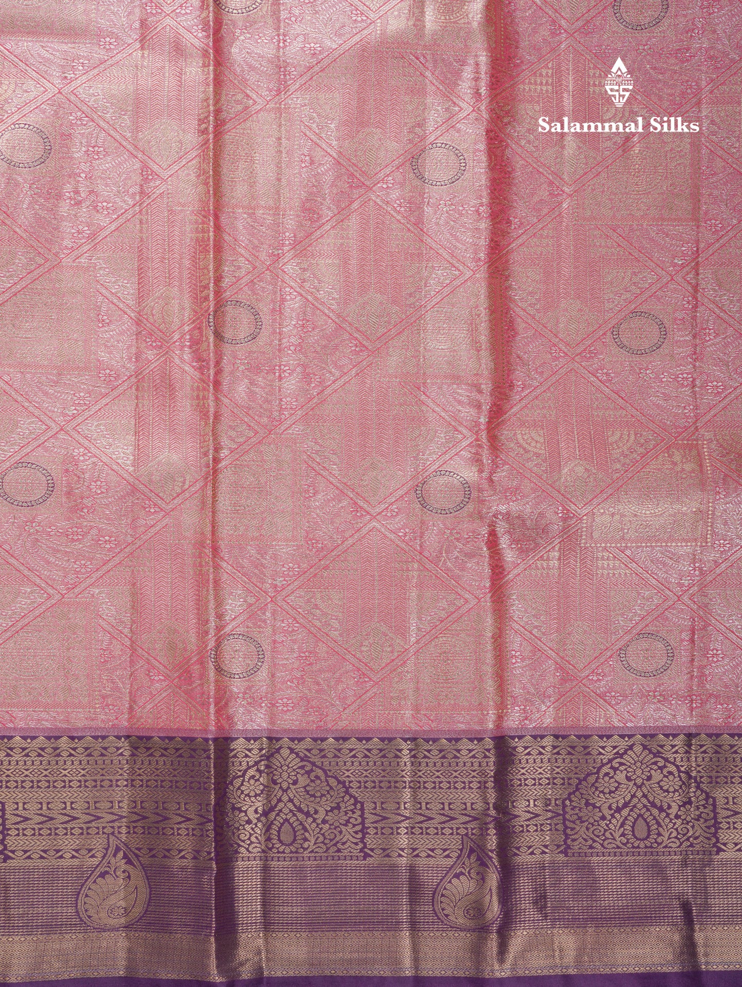 Lavender Geometric Pattern Tissue Bridal Semi Silk Saree With Contrast Peacock Green Traditional Border