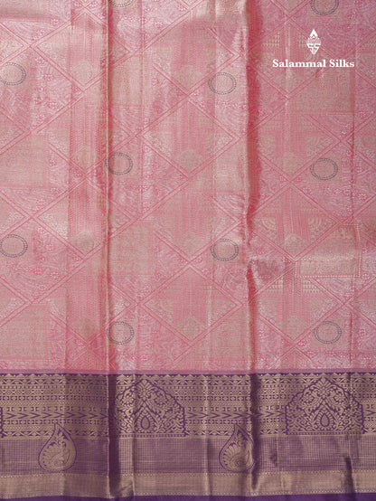 Lavender Geometric Pattern Tissue Bridal Semi Silk Saree With Contrast Peacock Green Traditional Border
