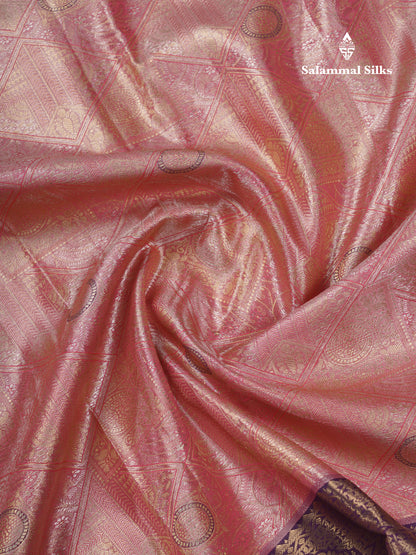 Lavender Geometric Pattern Tissue Bridal Semi Silk Saree With Contrast Peacock Green Traditional Border