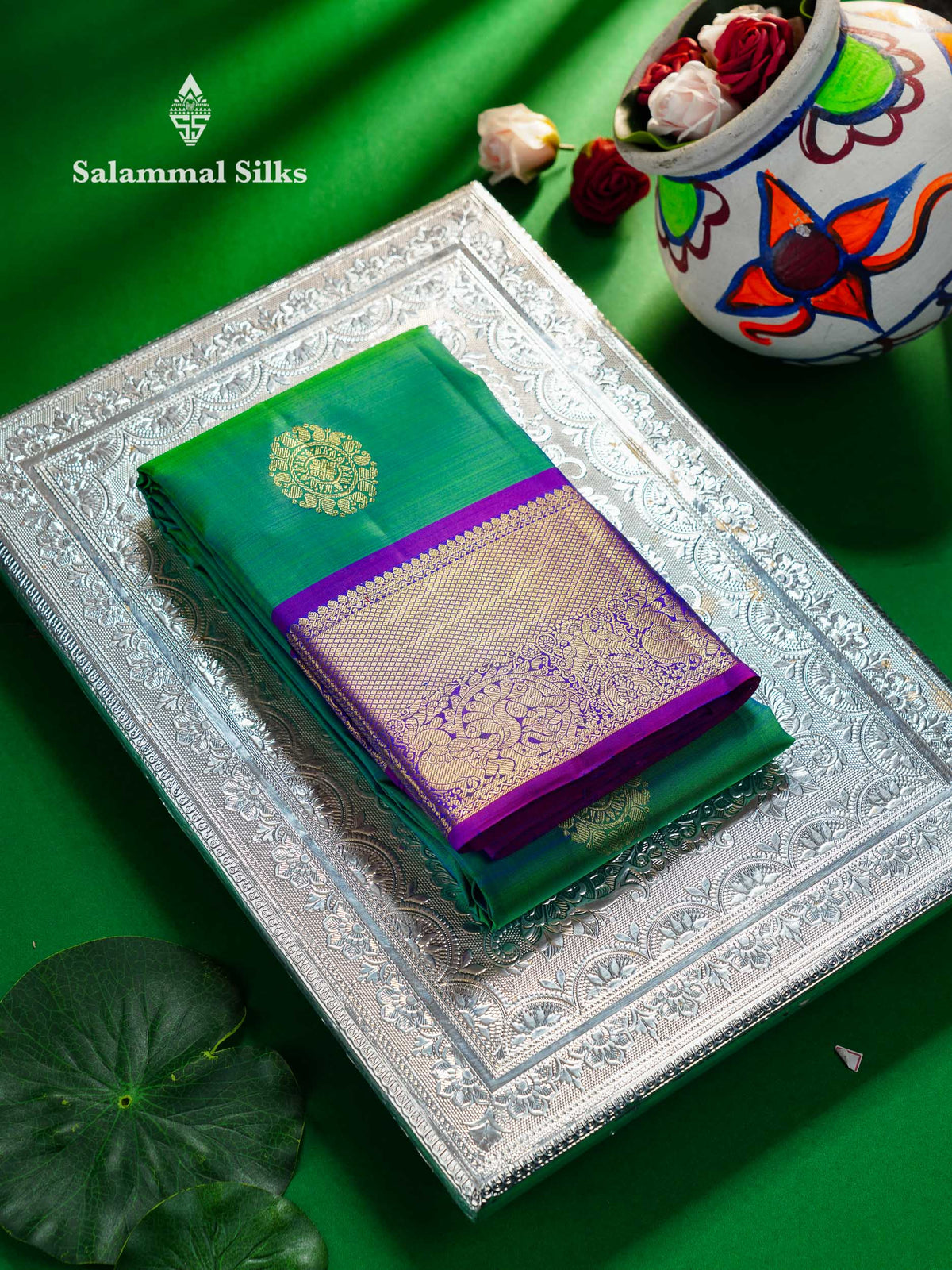 Beautiful Dual Tone Peacock Green Pure Kanjivaram Silk Saree With Contrast Dark Purple Traditional Evening Morning Border