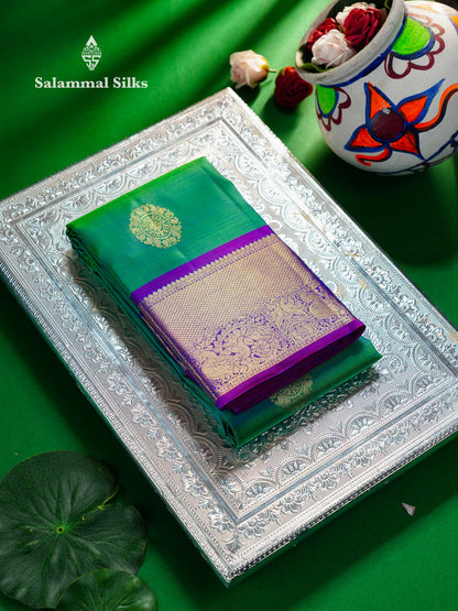 Beautiful Dual Tone Peacock Green Pure Kanjivaram Silk Saree With Contrast Dark Purple Traditional Evening Morning Border