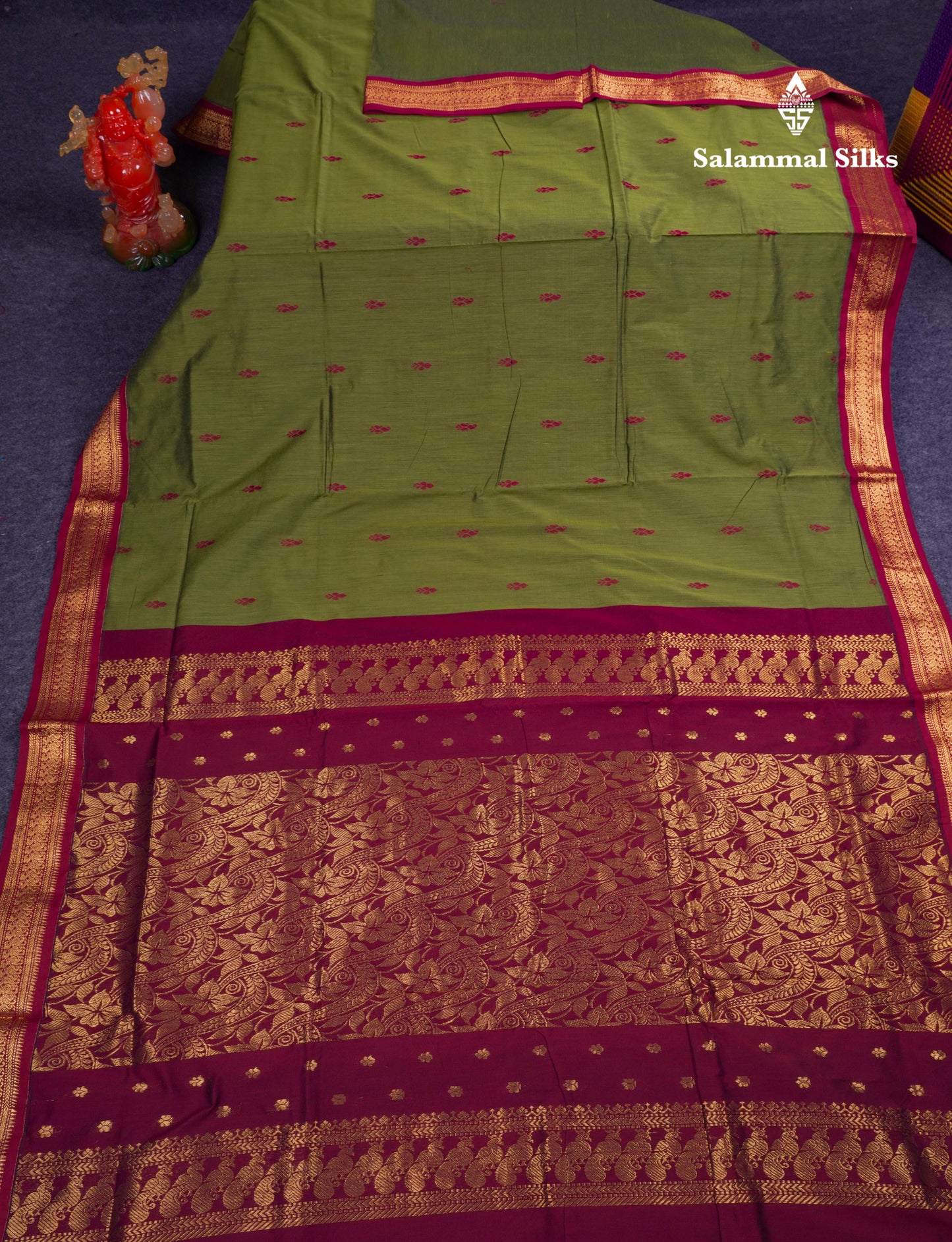 Beautiful Olive Green Kalyani Cotton Saree With Contrast Dark Maroon Blouse