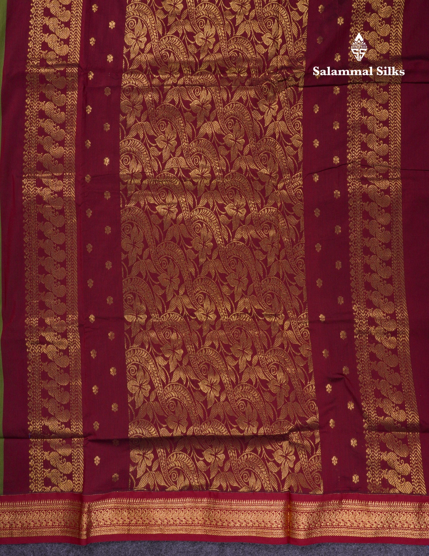Beautiful Olive Green Kalyani Cotton Saree With Contrast Dark Maroon Blouse