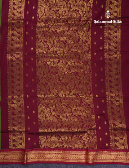 Beautiful Olive Green Kalyani Cotton Saree With Contrast Dark Maroon Blouse