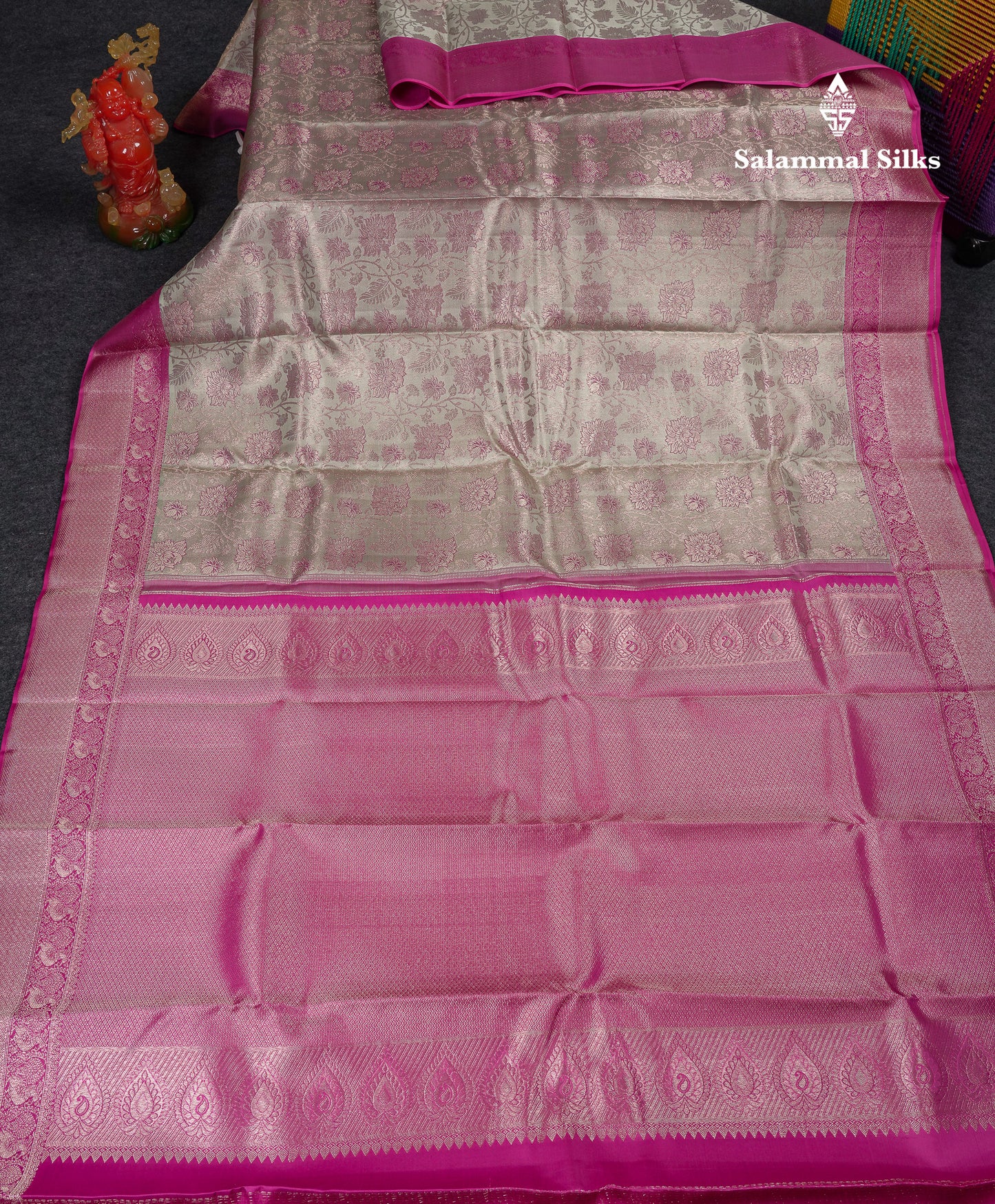 Beautiful Grey White Fancy Bridal Pure Kanjivaram Silk Saree With Contrast Pink Traditional Medium Border