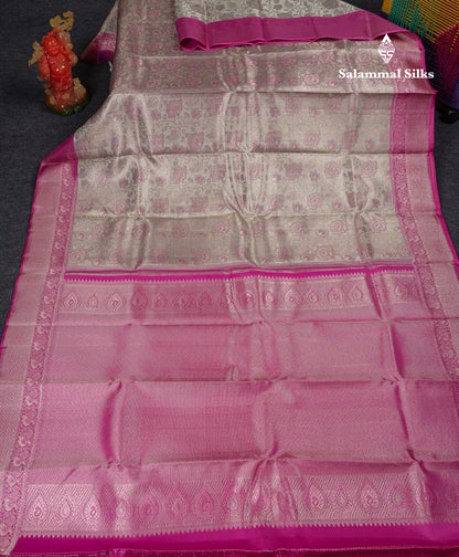 Beautiful Grey White Fancy Bridal Pure Kanjivaram Silk Saree With Contrast Pink Traditional Medium Border