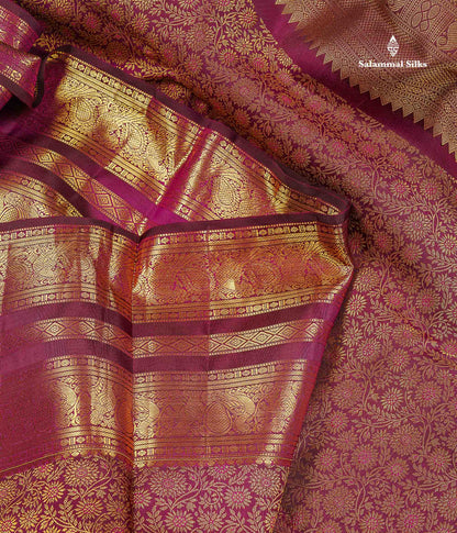 Bridal Pure Kanjivaram Silk Saree - Wine Purple Colour Body With Traditional Border